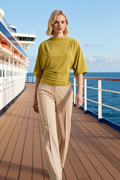 BENERLY Women Blouse Fitted Bodycon Boat Neck Batwing Sleeve Short Sleeve Str...