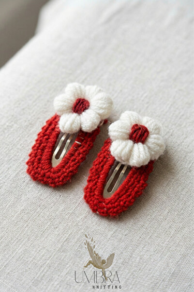 UmbraKnitting 2'li El Örgüsü Papatya Figürlü Çıtçıt Toka Seti - Kırmızı Beyaz...