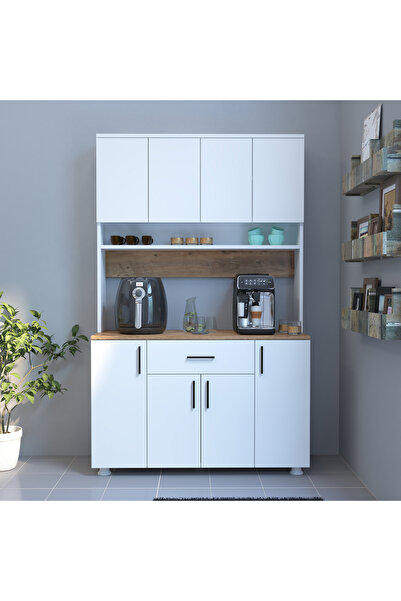 Alfimo Mobilya BELİNDA KAHVE KÖŞESİ ÇOK AMAÇLI DOLAP MUTFAK DOLABI BEYAZ&CEVİZ
