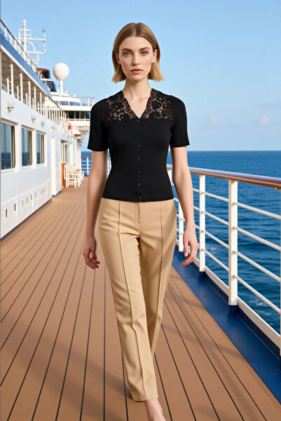 BENERLY Women's Blouse Lace Detailed Corded Fabric Knitwear Woven V-Neck Shor...