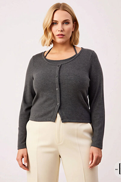 BENERLY Women's Plus Size Blouse V-Neck Long Sleeve Front Buttoned Ribbed Kni...