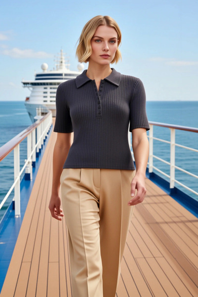 BENERLY Women's Blouse Polo Collar Short Sleeve Fitted Knitted Plain Pattern ...