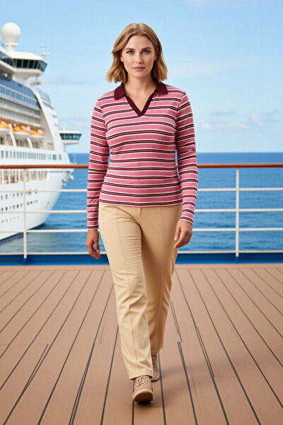 BENERLY Women's Large Size Blouse Polo Collar Long Sleeve Striped Rib Knit Kn...