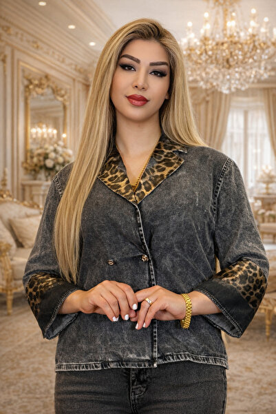 Yeşilmoda Leopard Detailed Women's Jean Jacket Women's High Quality Denim
