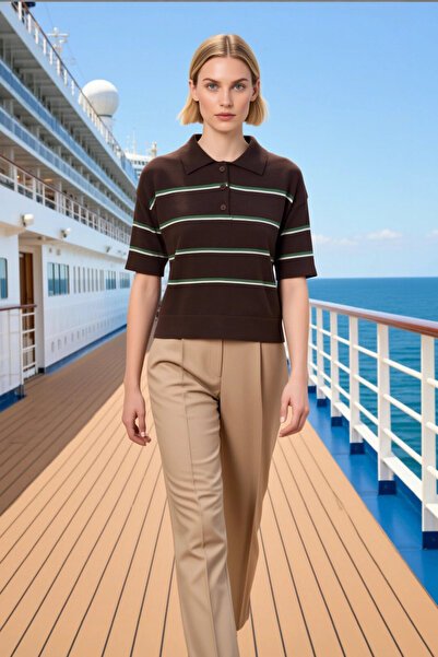 BENERLY Women's Blouse Polo Collar Three Button Short Sleeve Striped Fine Kni...