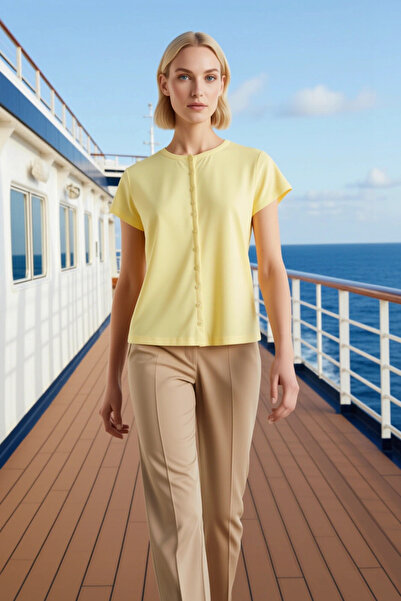 BENERLY Women's Plus Size Blouse Crew Neck Short Sleeve Buttoned Rib Knit Kni...