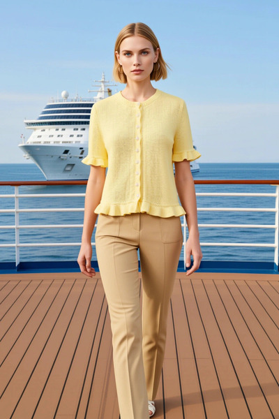 BENERLY Women's Blouse Knitwear Crew Neck Ruched Ruffled Short Sleeve Button ...