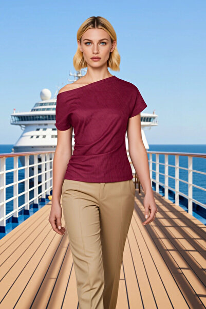 BENERLY Women's Blouse Asymmetrical Collar Low Sleeve Knitted Fabric Fitted F...