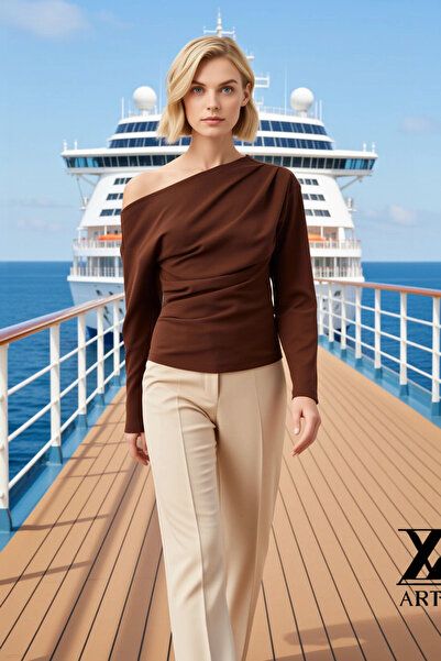 BENERLY Women's Blouse Asymmetrical Collar Long Sleeve Knitted Scuba Crepe Fa...