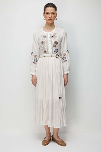 Ekol Ornamental Belted Cotton Maxi Skirt