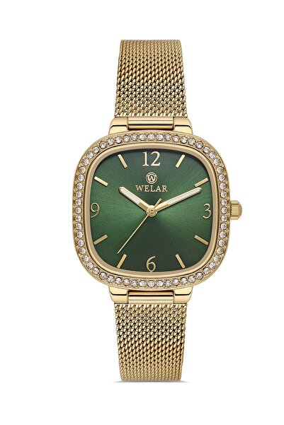 Welar Wel2512-4 Green Steel Mesh Cord Square Stone Elegant Women Wrist Watch ...