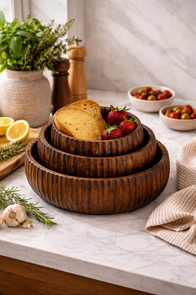 COCEM 3-Piece Wooden Serving Bowl Set Carved Patterned Salad Snack Presentati...