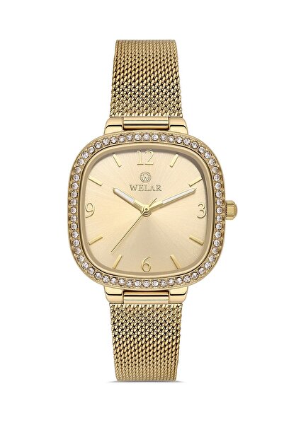 Welar Wel2512-2 Gold Steel Mesh Cord Square Stone Elegant Women Wrist Watch 3...