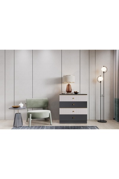 Noiss MİLAS ŞİFONYER - ANTRASİT & DOR - 4 ÇEKMECELİ