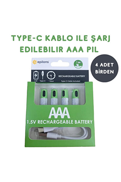 Epilons Usb Type-c İle Şarjolabilen 4 Adet Aaa 1.5v Lityum Şarjlı Kalem Pil 7...
