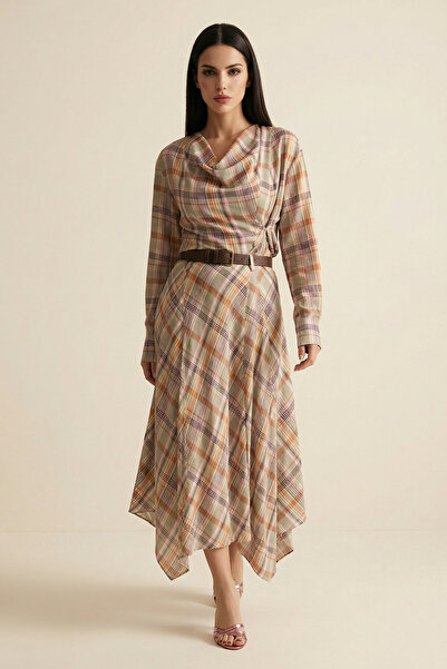 Setre Pembe-Yeşil Rahat Kesim Detaylı Desenli Etek