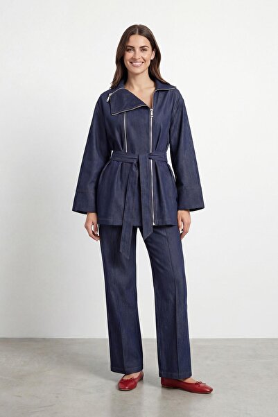 Soul طقم بنطلون تونيك من الدنيم بسحّابات للنساء ياقة مرتفعة متوسطة الطول - 32...