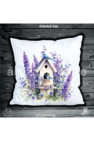 LimArt Decorative pillow, 45x45 cm, with printed design Lavender and Birdhous...