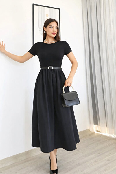 MİROR Women's Boat Neck Short Sleeve Belt Piece Two-Piece Maxi Combination Dress