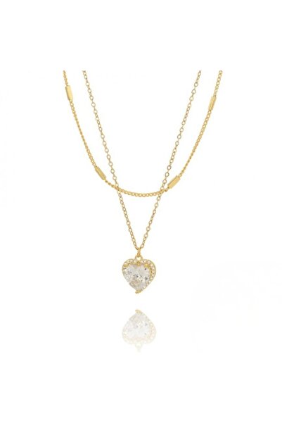 ECARLA Διπλό κολιέ με πολύπλευρη καρδιά από ζιργκόν – επιχρυσωμένο χειρουργικ...