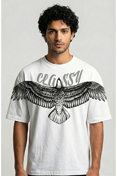 CLASSY.MODA Oversized Kartal Printed Crew Neck Unisex T-Shirt