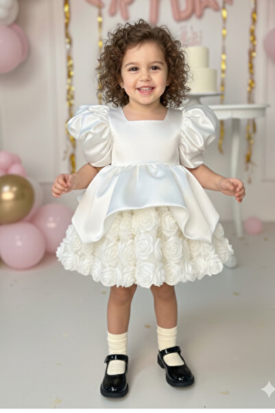 Bertuğ Bebek Off-White Rose Satin Puffy Girls' Baby Evening Dress