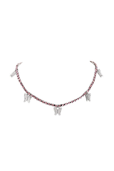 EFAYN.RO Women's silver necklace with pink crystal rhinestones and butterfly ...