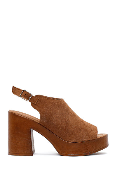 Derimod Women's Tan Ankle Boots Buckled Platform High Block Heel Lu Suede Lea...