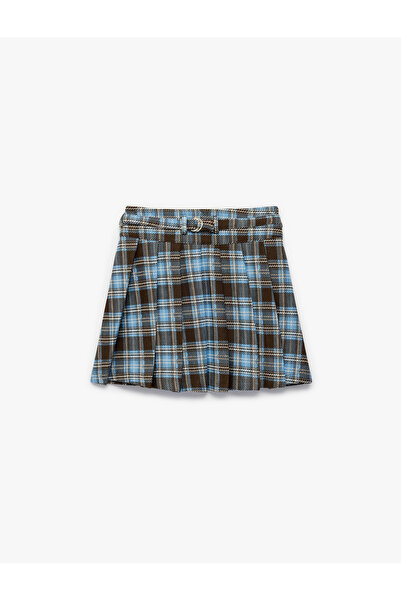 Koton Viscose Blend Plaid Patterned Metal Detailed Mini Skirt with Belt Layers