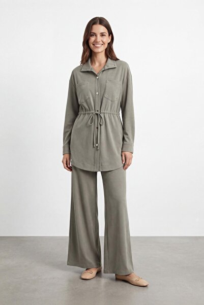 Puane Women's Mock Neck Snap Detailed Waist Tie-Detail Tunic Trousers Set – 1...