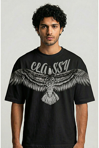 CLASSY.MODA Oversized Kartal Printed Crew Neck Unisex T-Shirt