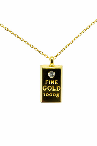 Desing 925 Ayar Gümüş Altın Kaplama Gold Külçe Kolye – Taş Detaylı Minimal Ta...