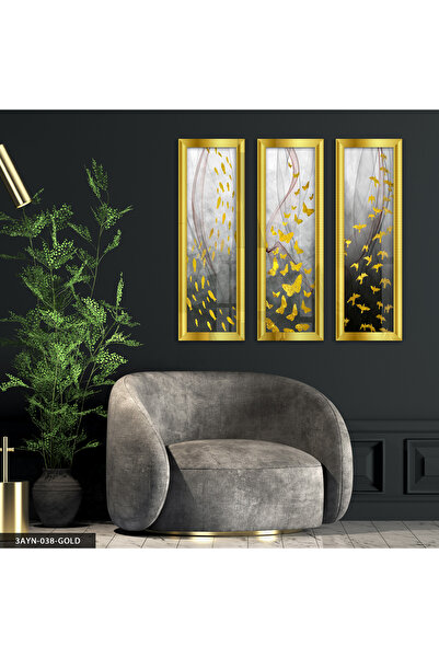 Evinemoda Gold Kelebek Kuş Balık Gold Pleksi Aynalı 3 Parça Tablo