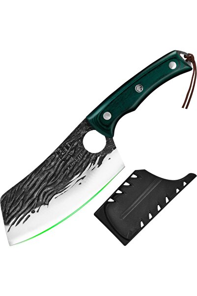 FULLHI butcher knife, 14x6cm blade, forged carbon steel, pakka wood handle, g...