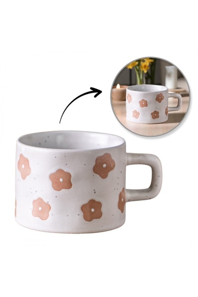ECARLA Ceramic mug, beige print, retro floral pattern, 250 ml, eCarla, KB30