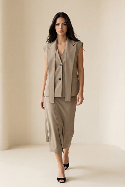 Setre Vizon Kolsuz Şal Ve Cep Detaylı Ceket Yelek