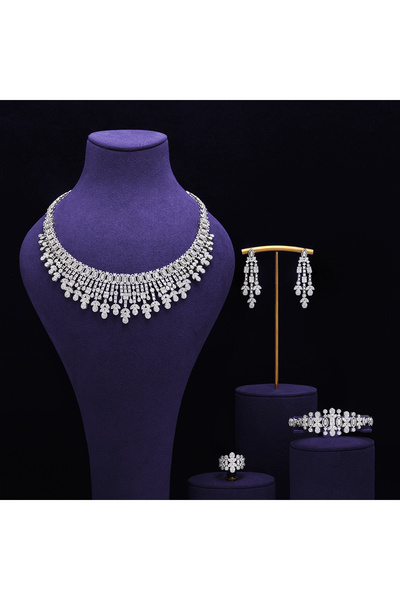 JEWELRY Luxury Women Bridal CZ Necklace Earrings Bracelet Ring 4pcs Wedding S...