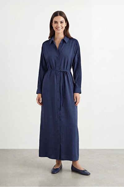 Puane Women's Shirt Collar Lace Detailed Long Dress – 12682Elb - Navy