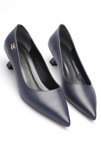 AleWomen Doss Navy Blue Leather 4 cm Heeled Gold Buckle Detail Women's Shoes