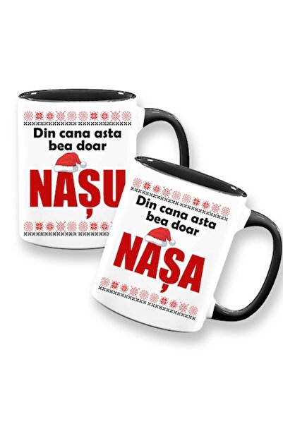OEM Set de 2 căni cu mesajul: „Din această cană bea doar nașul/nașa”, Crăciun...