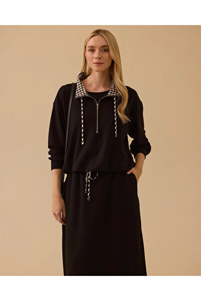 SCL Yarı Fermuarlı Desen Detaylı Sweatshirt