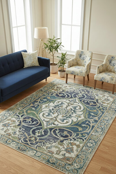 The Reef Design Yeşil Bej Osmanlı Motifli Vintage Eskitme Halı Dijital Baskıl...