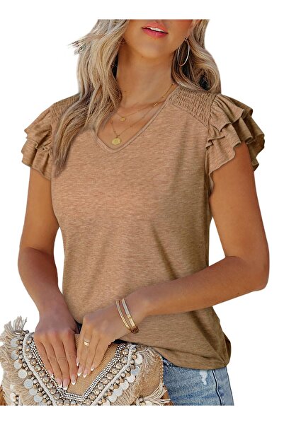 Sthxyfaith Tops for Women v Neck Ruffle Short Sleeve Blouses Solid Color Eleg...