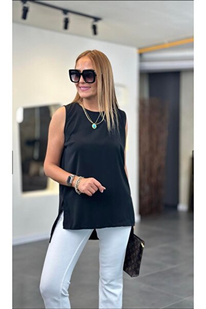 DISHI FASHİON Sleeveless Satin Blouse Black