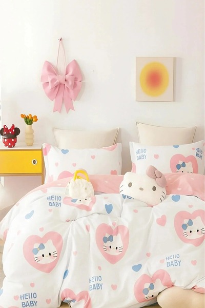 İQON Fitted Sheet Pieces Duvet Cover Set Double Hello Ki̇tty White