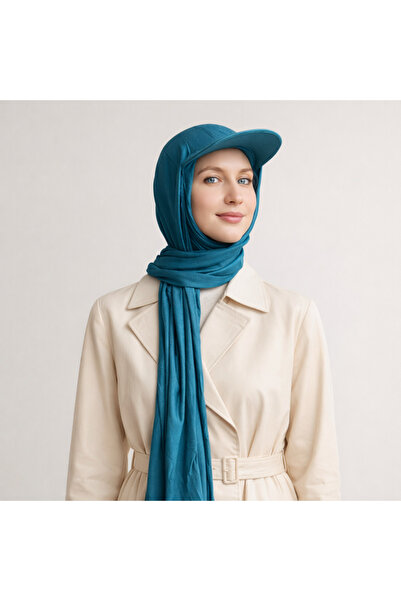 Şirin Giyim Aksesuar Şapkalı Şal Turkuaz Pratik Hazır Hijab Türban Tesettür H...