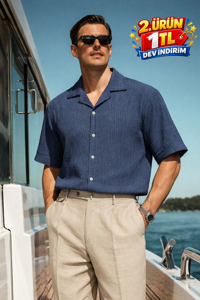 DAMGA JEANS Ανδρικό πουκάμισο Casual oversized Navy Blue Λινό Κομψό πουκάμισο