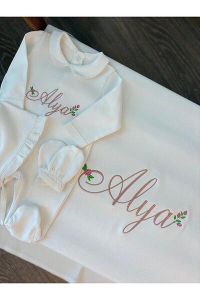 Mini Ropa İsme Özel Kroşatalı Bebe Yaka 4'lü Yenidoğan Seti Bebe Yakalı Hasta...