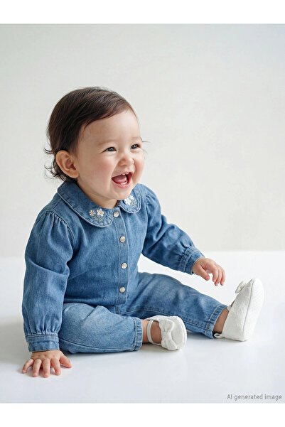 LC Waikiki قميص جينز أزرق للفتيات الصغيرات من LCW baby مطرز وسروال جينز