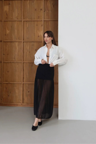 cemo Kadın Transparan Katmanlı Yüksek Bel Uzun Etek